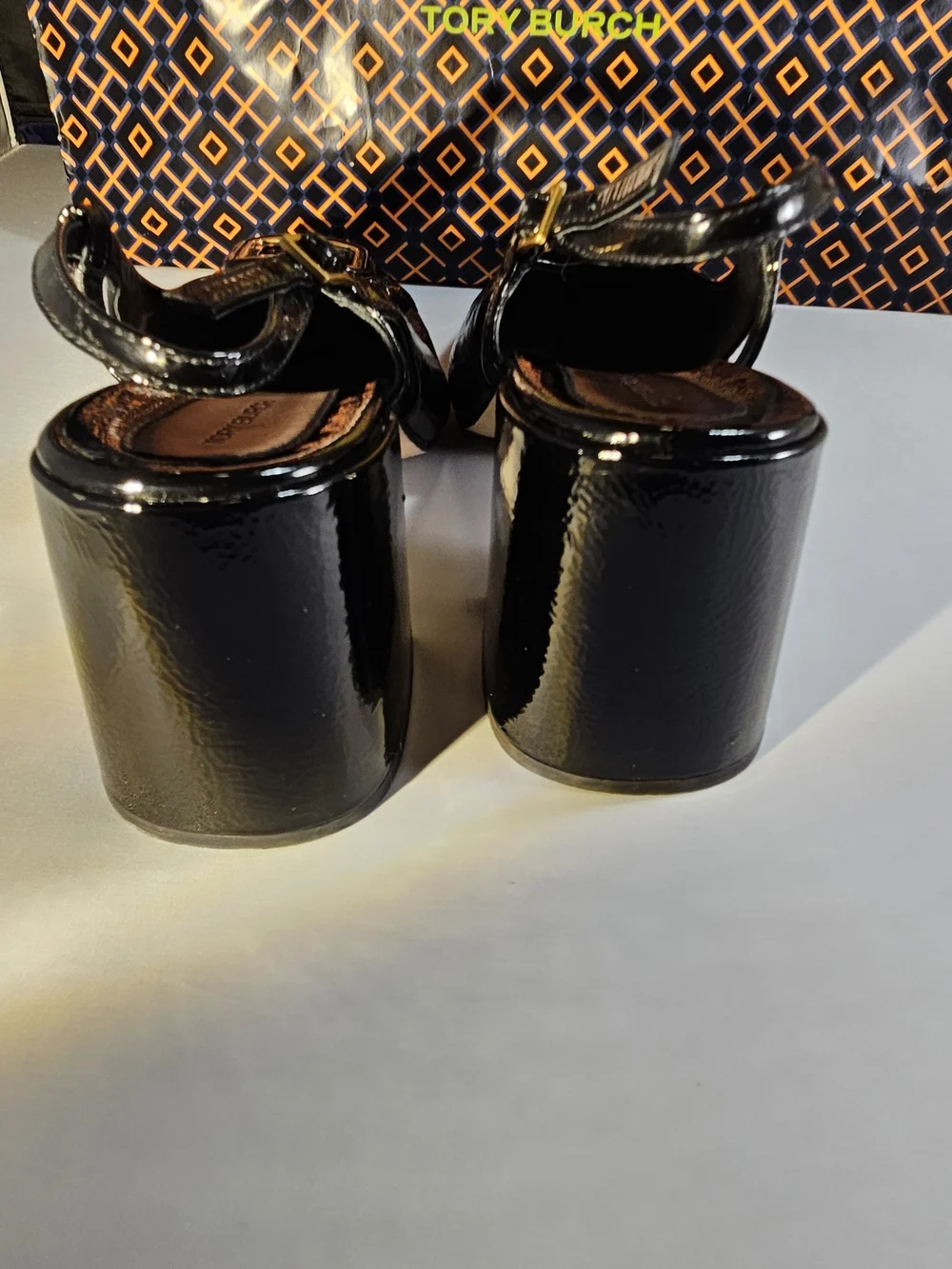 Authentic Tory Burch Black Patent Slingback Block Heel Pumps